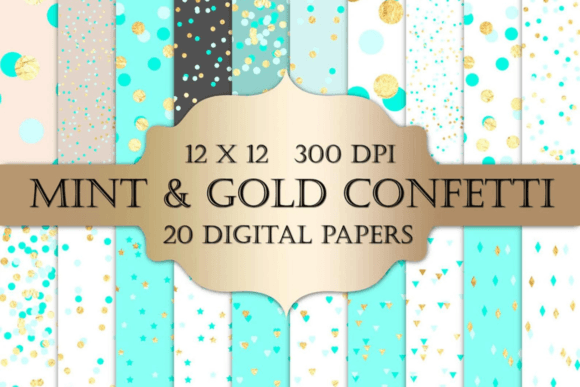 Download Gold Foil &amp; Mint Confetti Digital Paper - Digital Collection